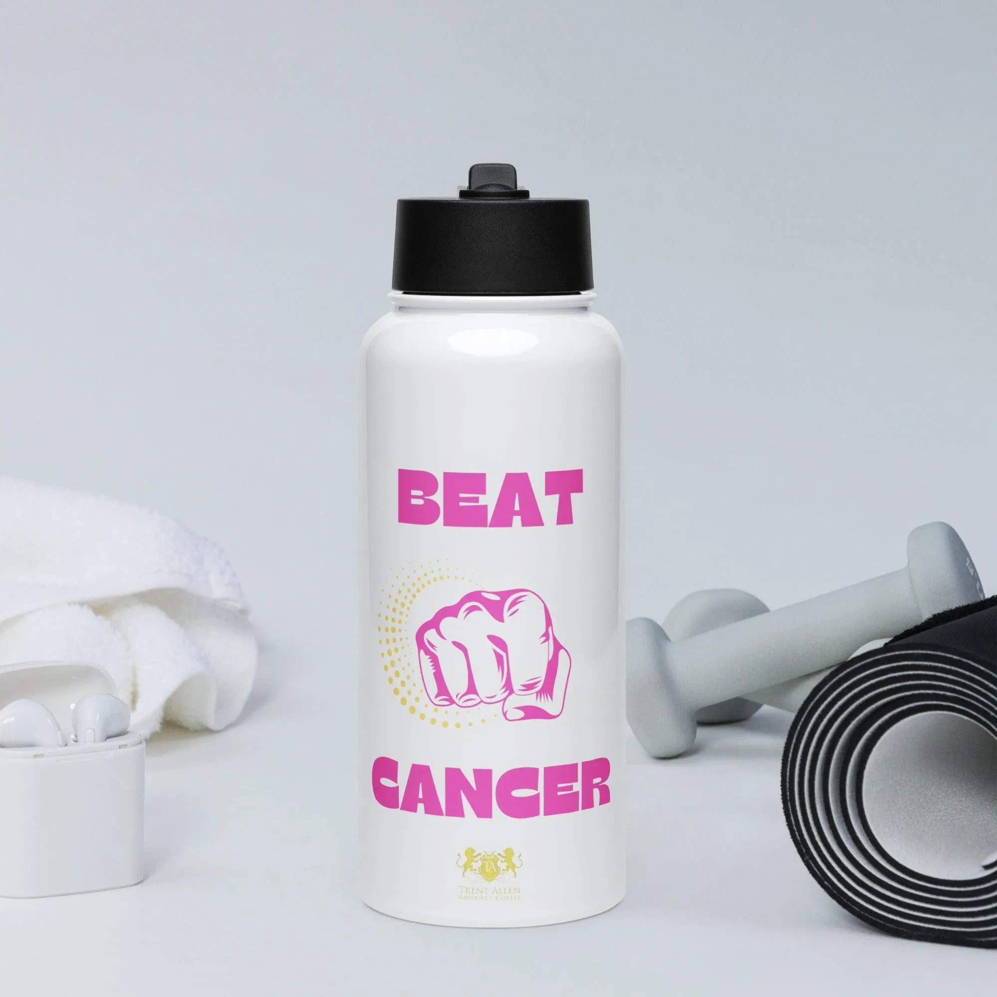 Beat Cancer Stainless steel water bottle with a straw lid - Trent Allen Gourmet Coffee
